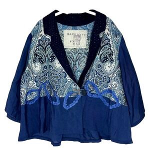 Handmade By Kim Blue Patchwork Flare Sleeve Boho Blazer Size XL